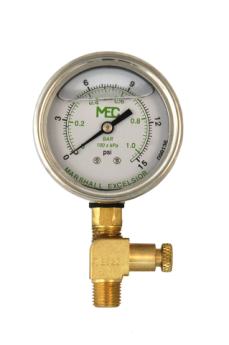 MEJ603LP 1/4" MNPT x 1/4" FNPT IN-LINE TEST ADAPTER WITH 90° VENT VALVE & 0-15 PSI GAUGE