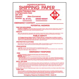 SHIPPING PAPERS - P83-CYL - SERVICE / CYLINDER TRUCK 1075 SHIPPING PAPERS - 7" x 9"